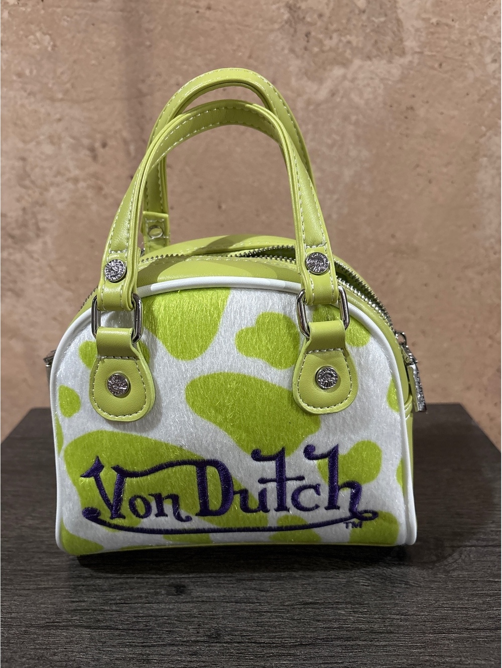 Von Dutch Lime Green and White Cow Print Mini Handbag with Shoulder Strap